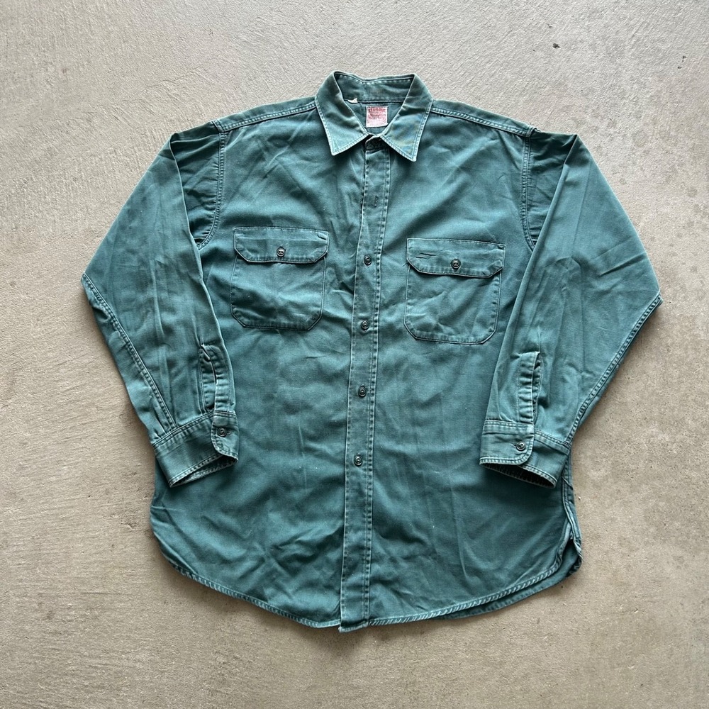 Vintage 60s Stur-dee Button Up Shirt Size Medium Green Cotton Workwear Chore